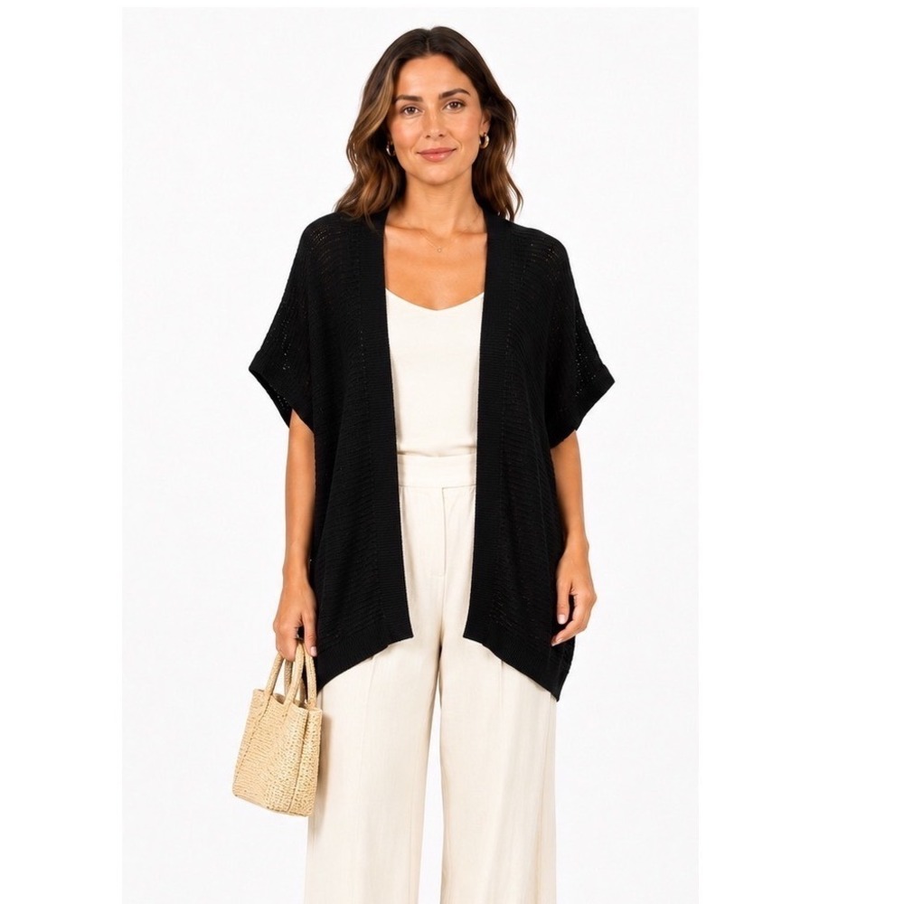 Loft Black Open Front Knit Cardigan Short Sleeve Oversized Sweater XS S 114-20